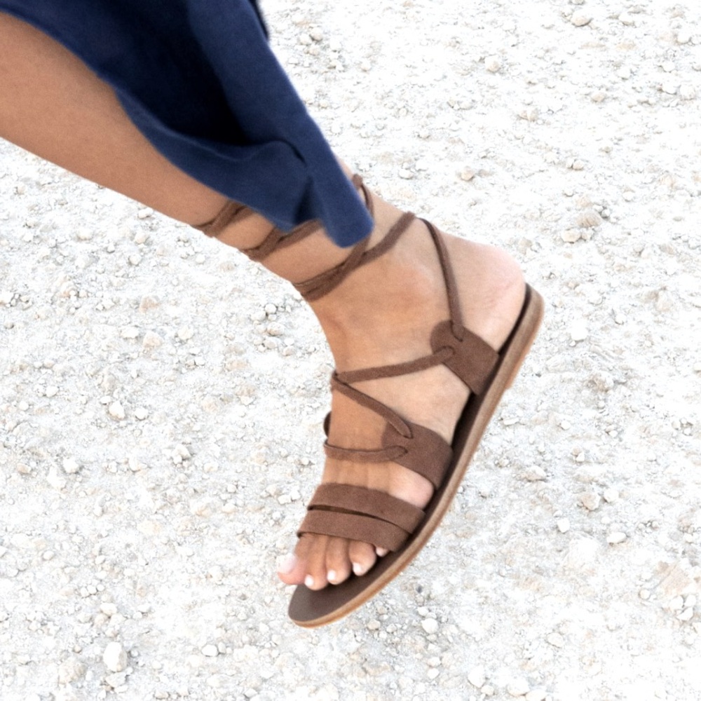 $190 KYMA “Ikaria” Handmade Leather Sandals with Ankle Ties, Women’s 36